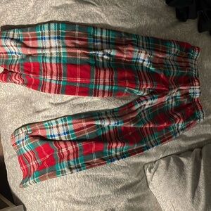Red green and white pajama pants.